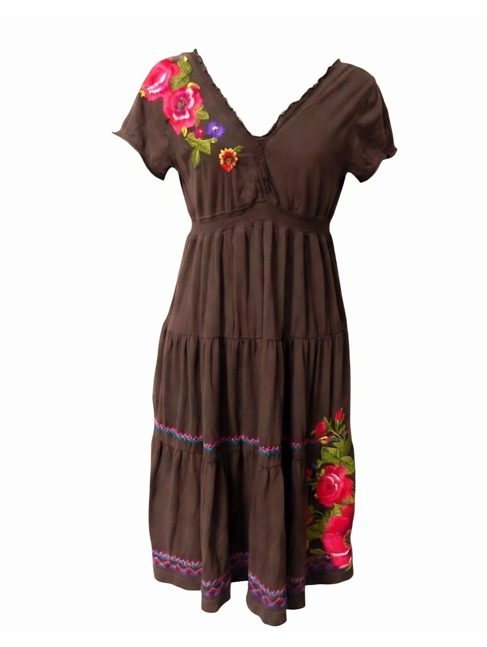 Johnny Was LA Chocolate Brown Floral Embroidered Dress Small